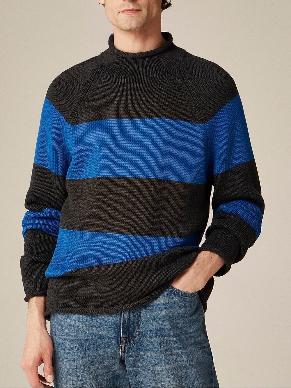 J. Crew 1988 Rollneck sweater in cotton hoop stripe Hthr Black Regal Blue Sz M